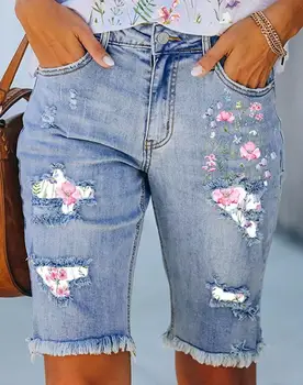 נשים מכנסי ג 'ינס קצרים 2023 אופנה הקיץ פרחוני הדפסה קרע גולמי שולי מזדמן כיס עיצוב ג' ינס קצרים וינטג ' אופנת רחוב