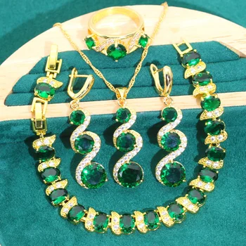 ירוק זהב זירקון צבע חתונה תכשיטי סטים לנשים לצאת הרבה עגילי שרשרת תליון טבעת צמיד לצאת עם מתנות
