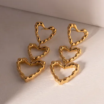 מינאר עיצוב ייחודי 18K זהב PVD מצופה טיטניום פלדה שלוש שכבות מתכת חלולים אהבה לב אהבה ארוך זרוק עגילים לנשים