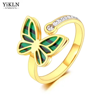 YiKLN נירוסטה פרפר חיה מתכוונן טבעות לנשים נערת אופנה ירוק מעטפת זהב טבעת אצבע תכשיטים YR23015
