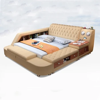 Linlamlim האולטימטיבי טק חכמים למיטה עם עיסוי, רמקול, כספת, עור אמיתי רב תכליתי טאטאמי מיטות ריהוט חדר שינה