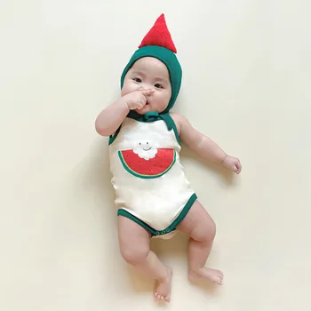 2023 הקיץ התינוק קלע בגד חמוד אבטיחים ילד תינוק ללא שרוולים אוברול עם כובע להגדיר כותנה היילוד פעוטה בגדים