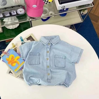 2023 קיץ, תינוק חדש שרוול קצר ג ' ינס בגד גוף מוצק תינוק קטן בכיס הסרבל חופשי הפעוט דש מקסימום בגדים 0-24M