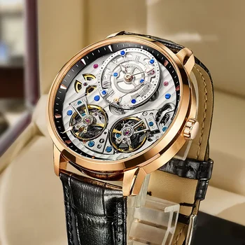 JINLERY מיוחד כפול, גלגל תנופה טורבילון שעון אוטומטי שעון גבר אופנה מכאנית שלד שעונים לגברים часы мужские