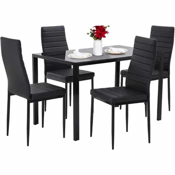 SKONYON 5 חלקים שולחן אוכל להגדיר עבור 4 זכוכית שולחן אוכל ו-4 כסאות שחור