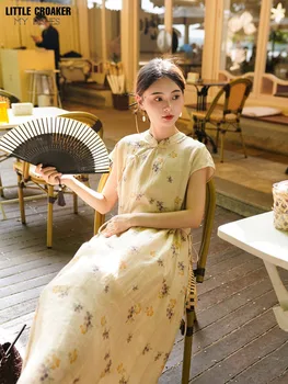 2023 קיץ הנשים חדשות בסגנון סיני Cheongsam כותנה, קנבוס רטרו צלחת צ 'ונג סכום הסיני צ' יפאו השמלה
