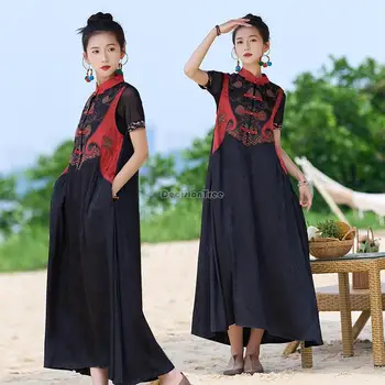2023 הסיני הלאומי רקמה בסגנון רטרו אביב שמלה רקומה ארוכה אפוד ללא שרוולים שמלת נשים רופף הלבוש s278