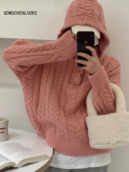 נשים סוודר 2023 חדש לסרוג סגנון קוריאני סתיו חורף אופנה כפתור רופף ארוך שרוולים מעטה מוצק צבע Pullovers