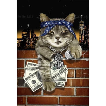חיה שחורה זהב עשיר קיטי יצירות אמנות גנגסטר חתול תופס את הדולר מצחיק חיקוי בד ציור קיר אמנות