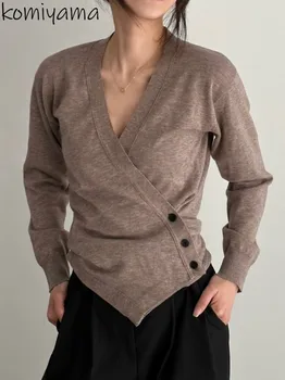 V צוואר עם שרוולים ארוכים יוקרתי Mujer יפן שיק כפתור סוודר נשים בציר בגדים לא סדיר קט מקסימום נשים נופלות Knitwears