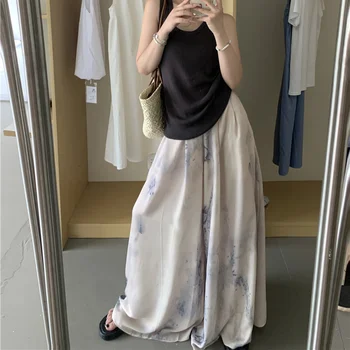 סיני דיו הדפסה באגי ישר רחב הרגל מקסי ארוכה שאיפה-שמלות מסוגנן 2023 שיפון y2k נשים אופנה קוריאנית בגדי הקיץ בוהו.