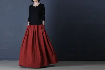 S009 באיכות גבוהה של נשים גבוה מותן כיס גדול פשתן ארוך חצאית מקסי-חצאית