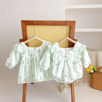 בייבי בנות 2-Pack מקסים ירוק פרחוני פרע את בגדי הגוף + שמלת תינוק כותנה תלבושת Rompers ביגוד מגדיר עבור 0-36 חודשים