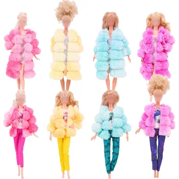 2Pcs אופנה מעיל עבור ברבי בובה מעיל כותנה החורף להתלבש בגדים ארוכים מעיל פרווה על 1/6 BJD בובה אביזרים צעצוע