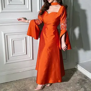 שמח מותאם אישית סעודיה סאטן מחוך ארוך שרוולים שמלת ערב קרסול-אורך קו חרוזים מתוק רשמית נשף שמלה.
