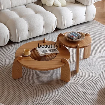 קרם בסלון בסגנון עץ התה שולחן שילוב דירה קטנה נורדי עגול צהוב זכוכית שולחן צד רהיטים