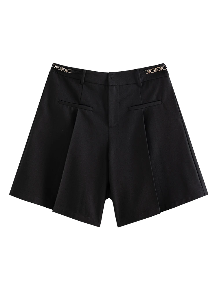 DUSHU משרד ליידי שחור חופשי חליפת מכנסיים קצרים 2023 סתיו חדש מוצק גבוהה המותניים קו אריג קצרים קפלים עיצוב פוליאסטר תחתית4