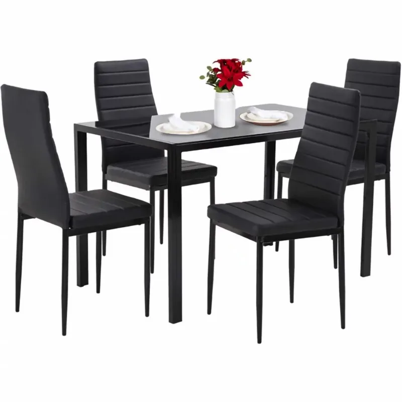 SKONYON 5 חלקים שולחן אוכל להגדיר עבור 4 זכוכית שולחן אוכל ו-4 כסאות שחור0