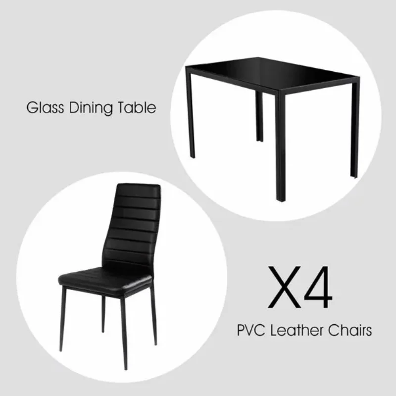 SKONYON 5 חלקים שולחן אוכל להגדיר עבור 4 זכוכית שולחן אוכל ו-4 כסאות שחור1