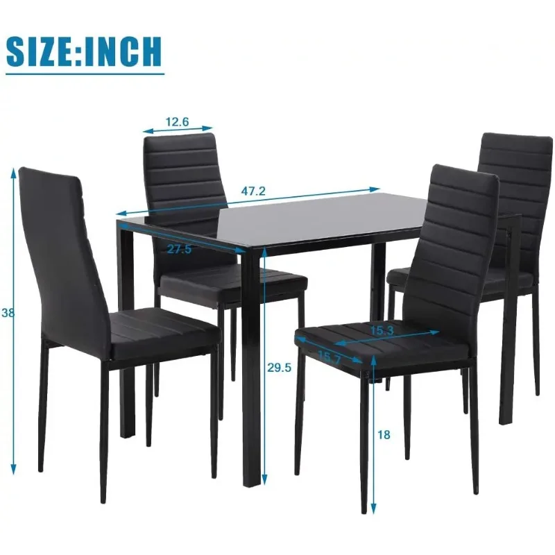 SKONYON 5 חלקים שולחן אוכל להגדיר עבור 4 זכוכית שולחן אוכל ו-4 כסאות שחור3