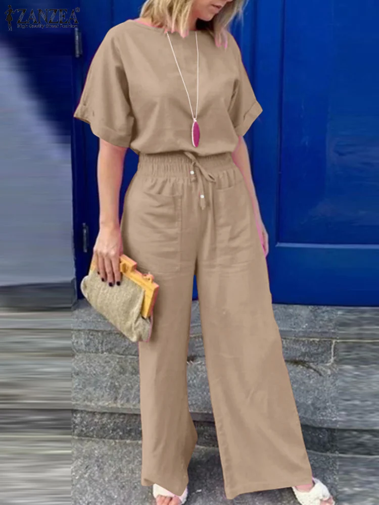 ZANZEA 2023 הקיץ התאמת קבוצות נשים אופנה שתי ערכות קטע Outifits שרוול קצר חולצה מכנסיים חליפות העבודה העירונית אימוניות.1