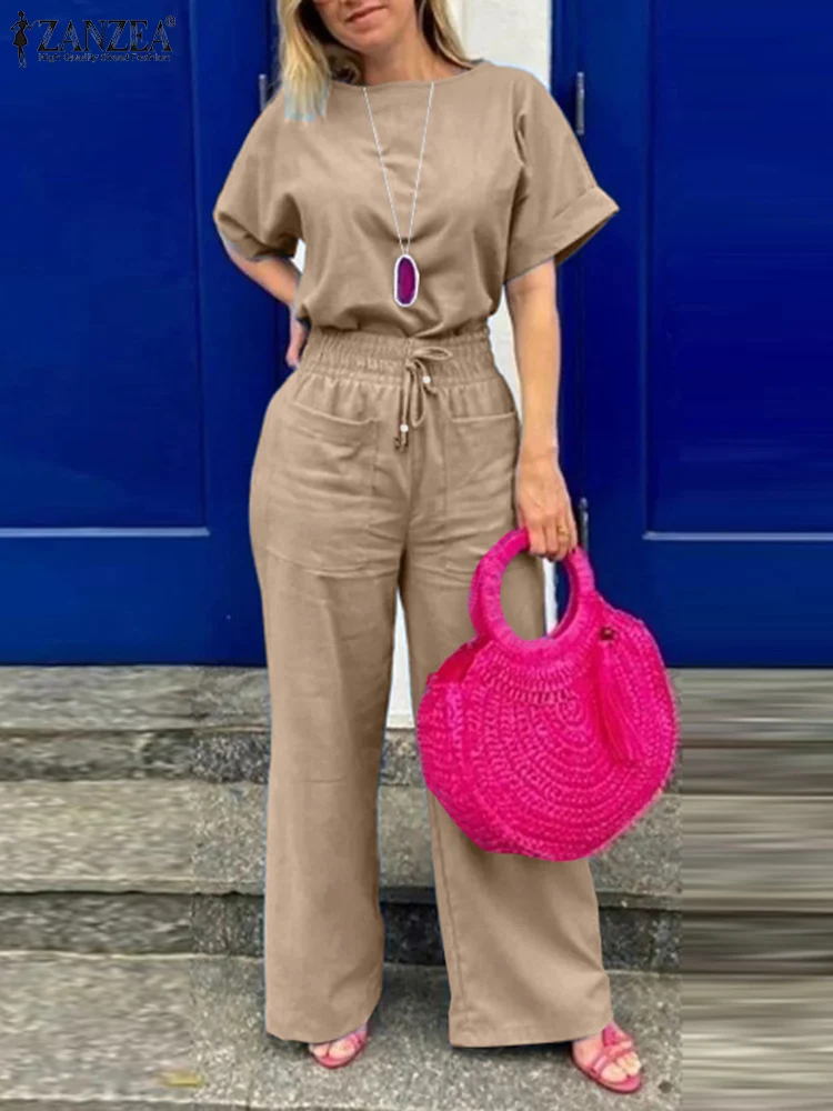 ZANZEA 2023 הקיץ התאמת קבוצות נשים אופנה שתי ערכות קטע Outifits שרוול קצר חולצה מכנסיים חליפות העבודה העירונית אימוניות.2