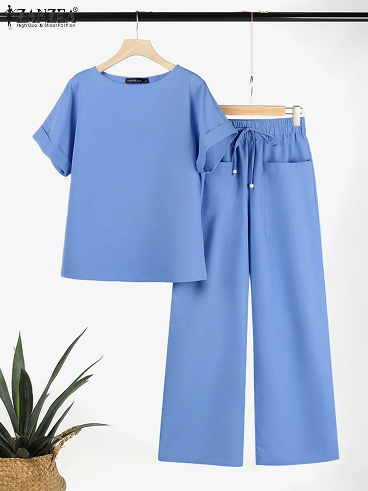 ZANZEA 2023 הקיץ התאמת קבוצות נשים אופנה שתי ערכות קטע Outifits שרוול קצר חולצה מכנסיים חליפות העבודה העירונית אימוניות.4