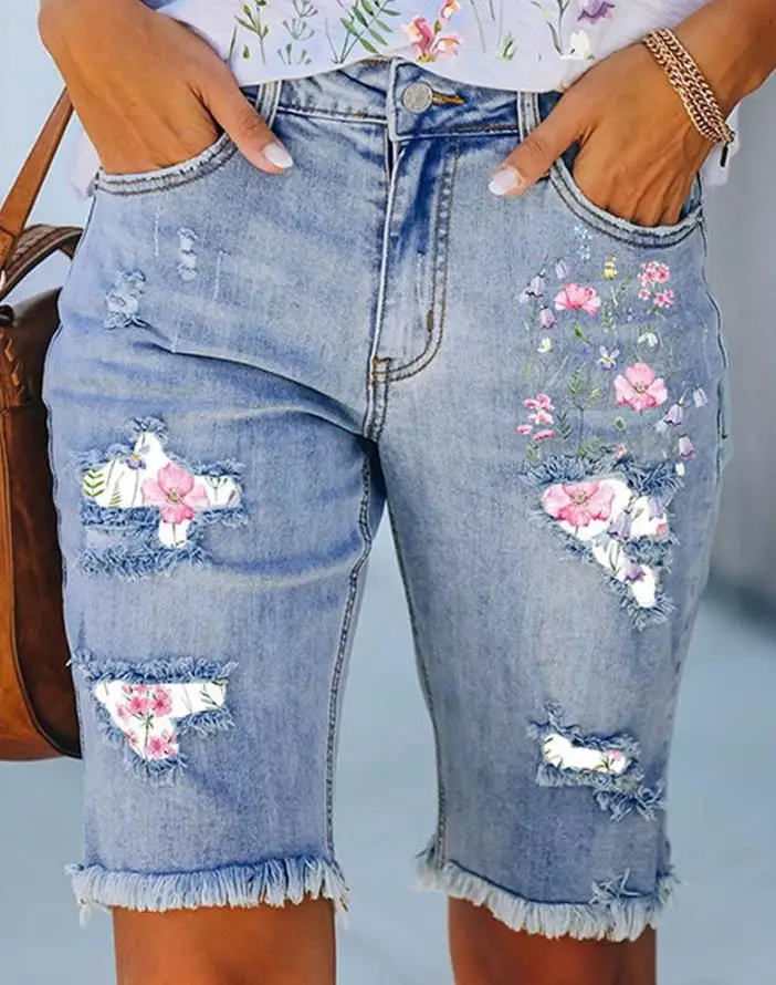 נשים מכנסי ג 'ינס קצרים 2023 אופנה הקיץ פרחוני הדפסה קרע גולמי שולי מזדמן כיס עיצוב ג' ינס קצרים וינטג ' אופנת רחוב0