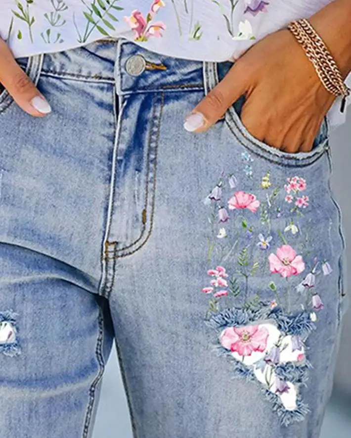 נשים מכנסי ג 'ינס קצרים 2023 אופנה הקיץ פרחוני הדפסה קרע גולמי שולי מזדמן כיס עיצוב ג' ינס קצרים וינטג ' אופנת רחוב1