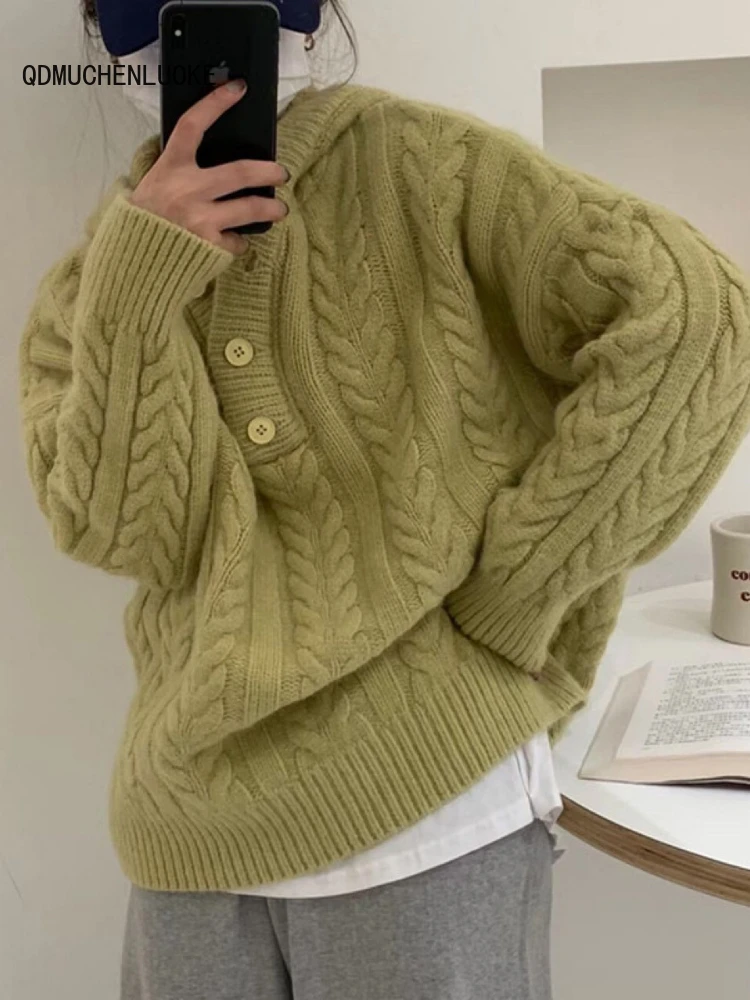 נשים סוודר 2023 חדש לסרוג סגנון קוריאני סתיו חורף אופנה כפתור רופף ארוך שרוולים מעטה מוצק צבע Pullovers2