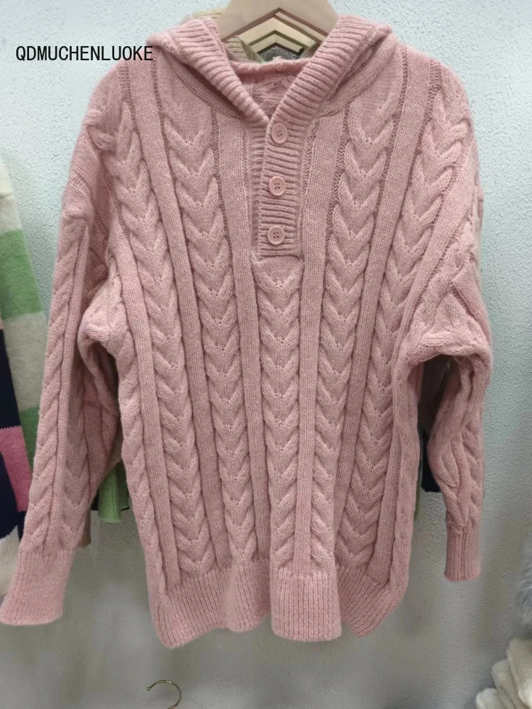 נשים סוודר 2023 חדש לסרוג סגנון קוריאני סתיו חורף אופנה כפתור רופף ארוך שרוולים מעטה מוצק צבע Pullovers5