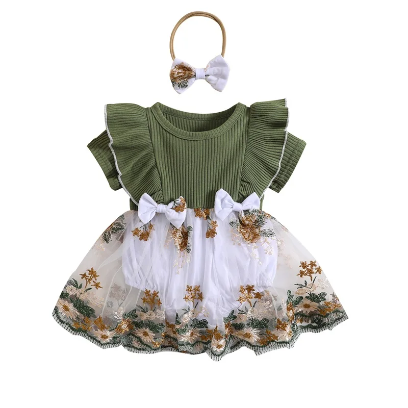 תינוק שרק נולד ילדה Rompers שמלת פרח רקמה רשת שרוול קצר סרבלים סרט נסיכה תלבושות3