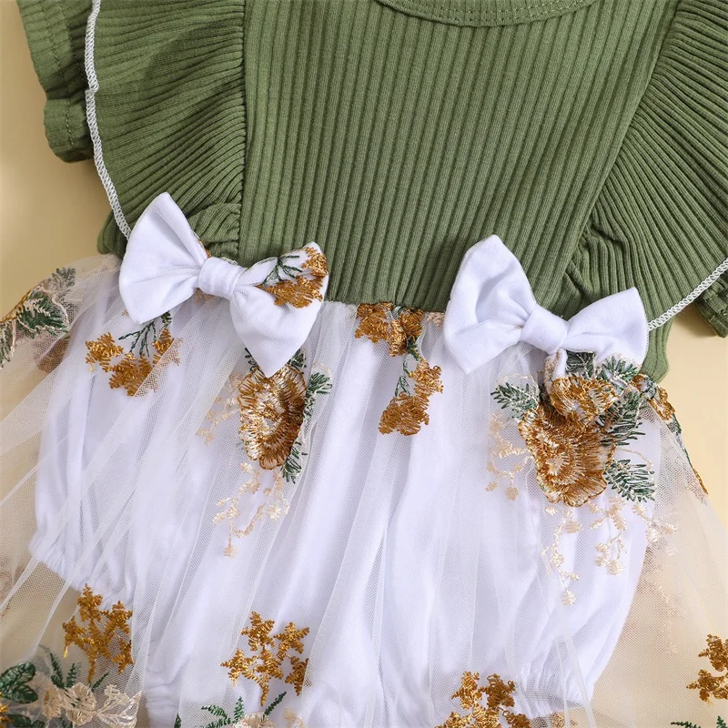 תינוק שרק נולד ילדה Rompers שמלת פרח רקמה רשת שרוול קצר סרבלים סרט נסיכה תלבושות4
